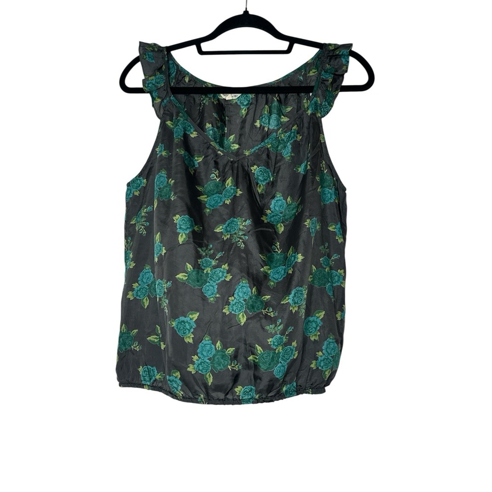 Heritage 1981 100% Silk Top Women's Small Floral Ruffle Lightweight Sleeveless‎